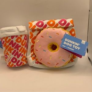 2021 Dunkin Donuts Bark Box Coffee Cup w/treat lid &Dunkin Bag & Donut Dog Toys